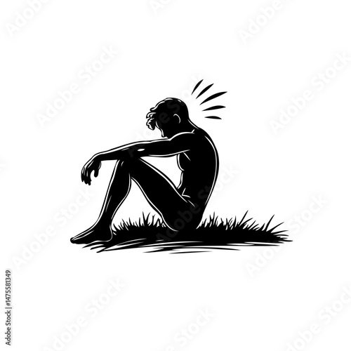 Silhouette of pensive figure in the grass contemplating existence and emotions