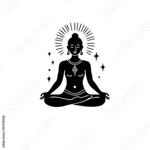Serene Silhouette: Woman in Lotus Position with Celestial Aura Design