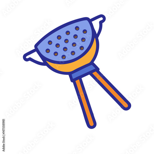 Blue and orange kitchen colander with handle icon