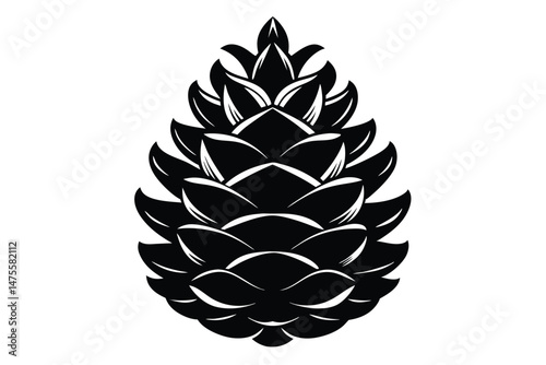 Detailed monochrome illustration presents an intricate pine cone on a clean white backdrop