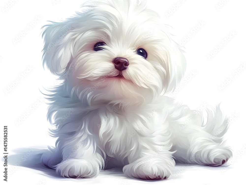 An adorable fluffy white Maltese puppy sits and looks up sweetly with big expressive eyes on a white background. An adorable fluffy white Maltese puppy sits and looks up sweetly with big expressive eyes on a white background.