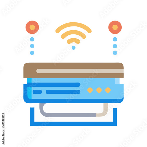 Wireless Printer Illustration with Signal Transmission on Black Background