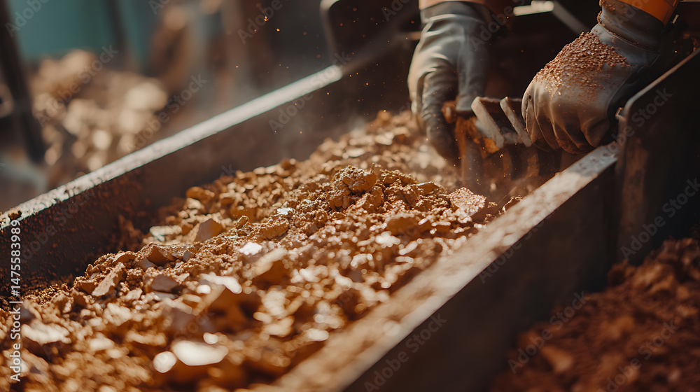 Worker Handling Crushed Rocks in Industrial Setting Worker Handling Crushed Rocks in Industrial Setting