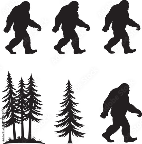 bigfoot silhouette clipart – sasquatch and cryptid vector bundle, mysterious bigfoot silhouettes – forest legend svg cut files, sasquatch and bigfoot vector art