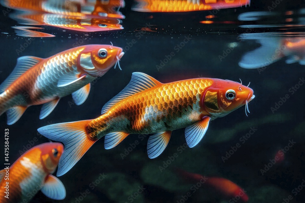 Naklejka premium Koi Fish Swim Gracefully in Clear Water Pond