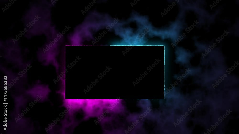 3d render, abstract minimal 4k background, purple and cyan neon rectangular frame with copy space. Illuminated storm clouds outside the rectangle, bright geometric shape. endless loop