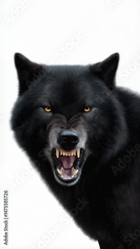 Menacing black wolf snarling with bared teeth, piercing golden eyes, and fur texture on a white background.