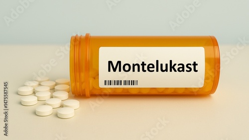Montelukast box of tablets placed on a table, asthma and allergy relief medication in daily use.
 photo