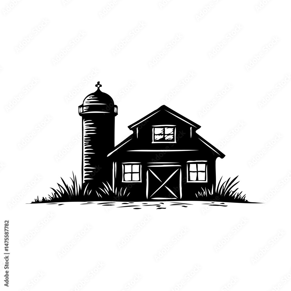 Rural charm: A monochrome depiction of a vintage barn and silo ensemble