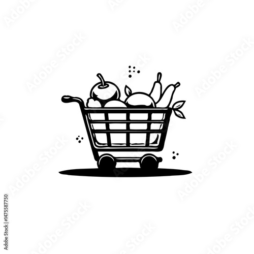 Illustrative shopping cart brimming with produce, rendered in monochrome style