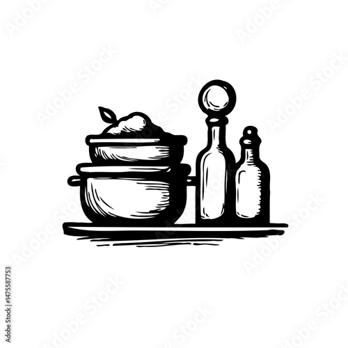 Kitchen still life with stacked bowls and vintage bottles in monochromatic sketch