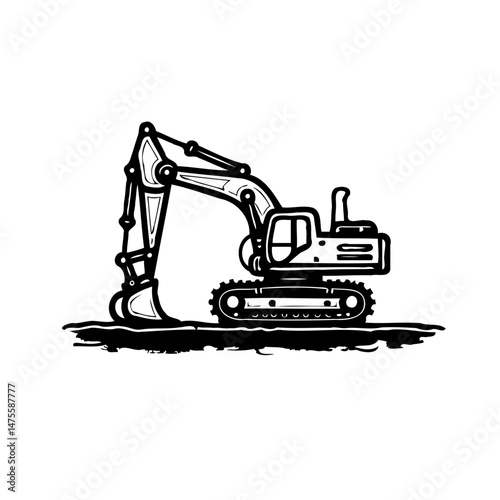 Bold line art illustration of a tracked excavator on a textured ground surface