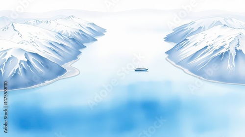 Minimalist Illustration of Snowy Mountains and Ship on Serene Water