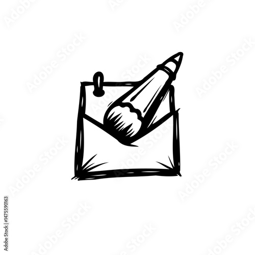 Creative communication concept featuring a pencil nestled within an open envelope sketch