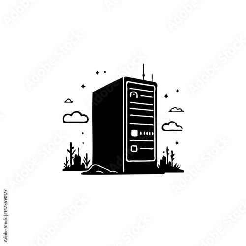 Server tower nestled in surreal landscape evoking digital frontier concept