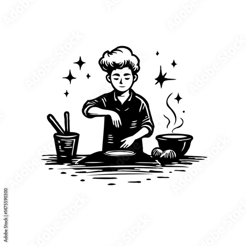 Monochrome illustration of a serene cook preparing a meal amidst twinkling stars