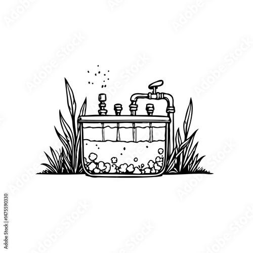 Stylized aquarium or filtration system illustration with surrounding foliage