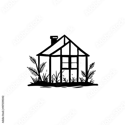 Whimsical Greenhouse Silhouette: A Minimalist Illustration of Nature's Sanctuary