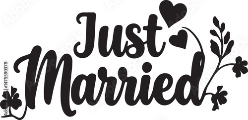 Vintage Just Married Calligraphy Design: Elegant Hand-Drawn Typography with Romantic Floral Accents, Perfect for Wedding Invitations, Marriage Celebrations, Greeting Cards, and Honeymoon Decorations, 