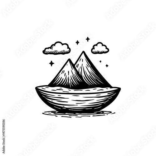 Stylized mountain range silhouette in a bowl illustration, cloudscape above