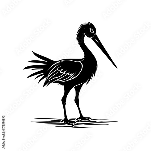 Elegant monochrome vector depiction of a long-beaked wading bird silhouette
