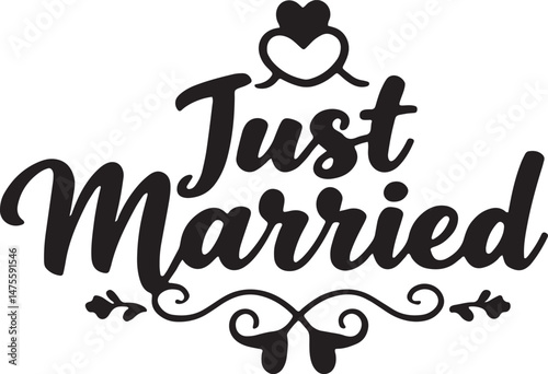 Vintage Just Married Calligraphy Design: Elegant Hand-Drawn Typography with Romantic Floral Accents, Perfect for Wedding Invitations, Marriage Celebrations, Greeting Cards, and Honeymoon Decorations, 