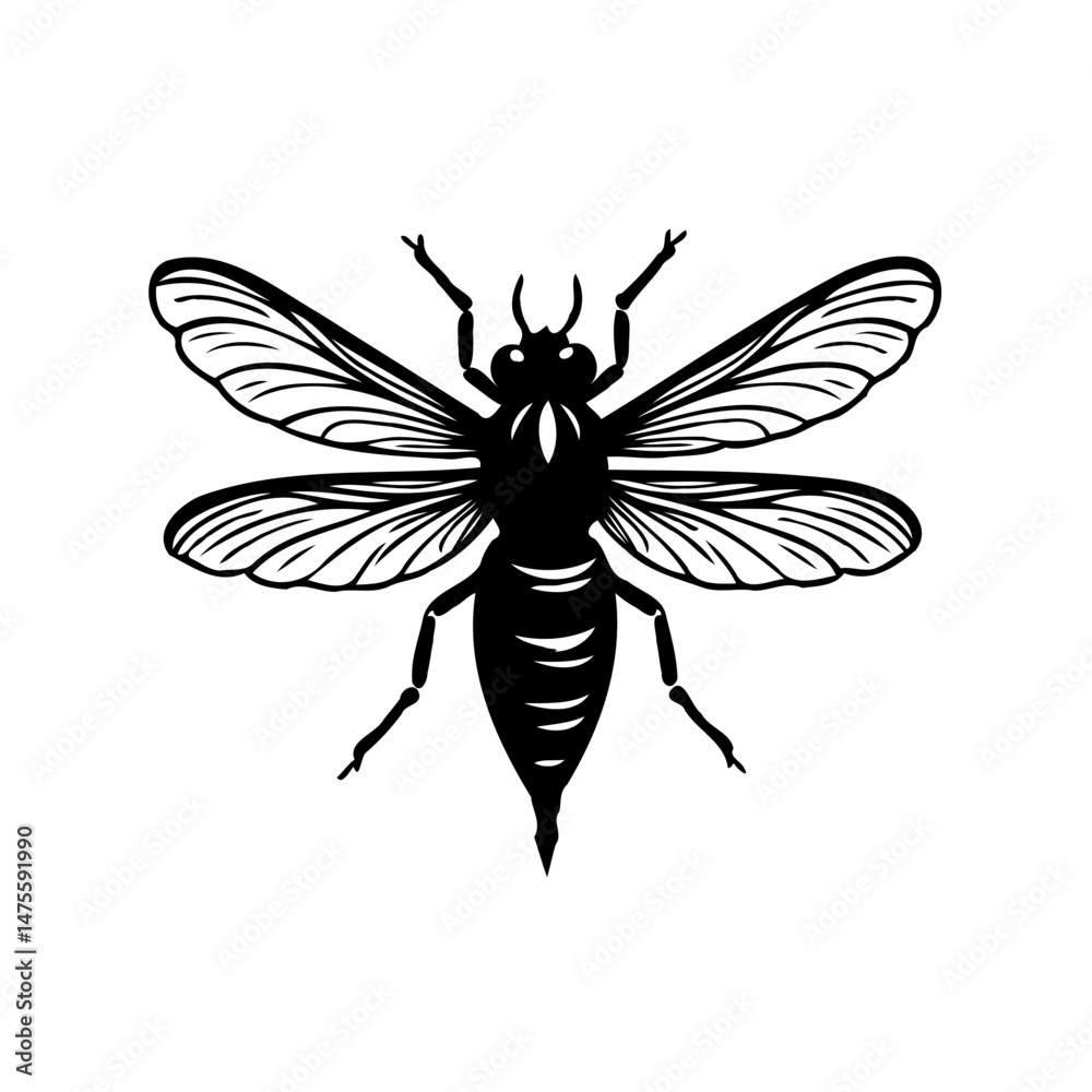Engraved bee illustration showcasing intricate wing details against white backdrop Engraved bee illustration showcasing intricate wing details against white backdrop