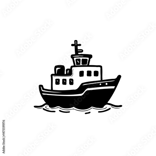 Minimalist illustration of a nautical tugboat vessel cruising on calm waters