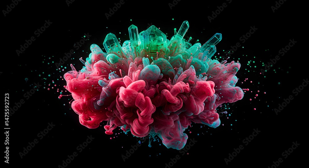 Obraz premium Vibrant Ink Cloud Forming Around Geode Crystal Cluster on Black