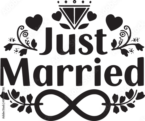 Vintage Just Married Calligraphy Design: Elegant Hand-Drawn Typography with Romantic Floral Accents, Perfect for Wedding Invitations, Marriage Celebrations, Greeting Cards, and Honeymoon Decorations, 