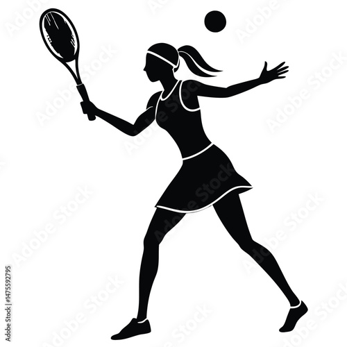  A silhouetted figure of a woman playing tennis, mid-swing as she hits the ball with her racket 