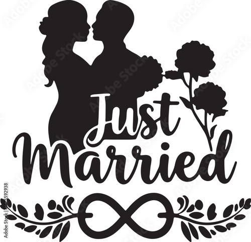 Vintage Just Married Calligraphy Design: Elegant Hand-Drawn Typography with Romantic Floral Accents, Perfect for Wedding Invitations, Marriage Celebrations, Greeting Cards, and Honeymoon Decorations, 