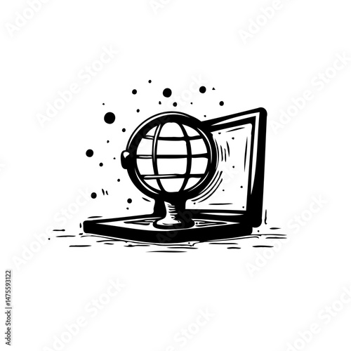 Abstract global connection on laptop screen, technological vector illustration