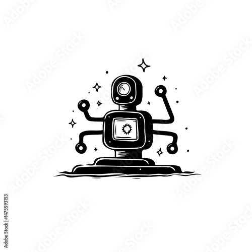 Stylized illustration of an imaginative robot character in retro monochrome style