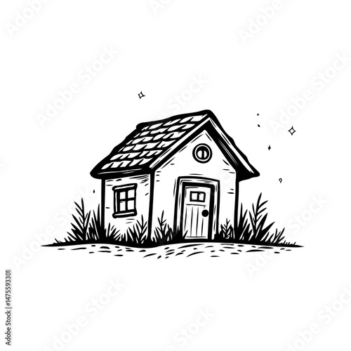 Whimsical hand-drawn cottage nestled in a field of tall grass monochrome illustration