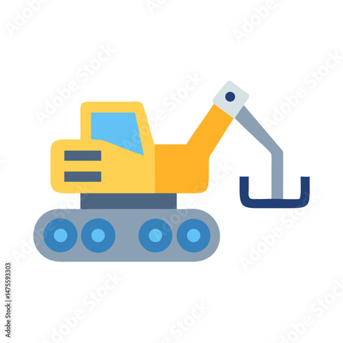 Yellow log grapple excavator icon on black background