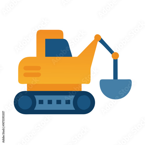 Modern excavator machine, digging construction, yellow and blue colors