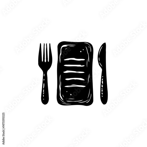Stylized Culinary Arrangement: Monochrome Fork, Knife, and Menu Illustration