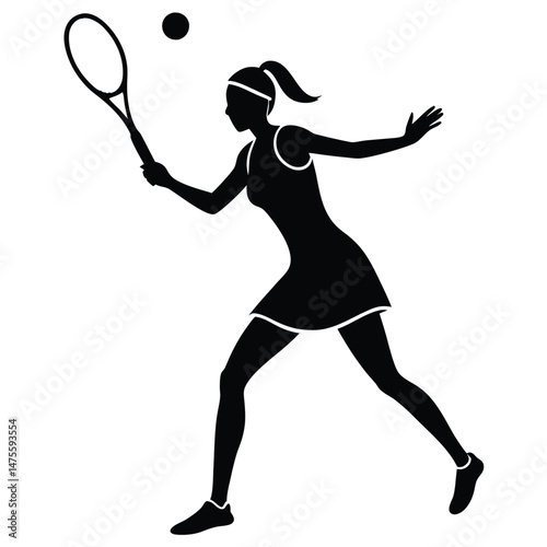  A silhouetted figure of a woman playing tennis, mid-swing as she hits the ball with her racket 