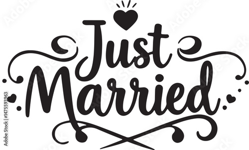 Vintage Just Married Calligraphy Design: Elegant Hand-Drawn Typography with Romantic Floral Accents, Perfect for Wedding Invitations, Marriage Celebrations, Greeting Cards, and Honeymoon Decorations, 