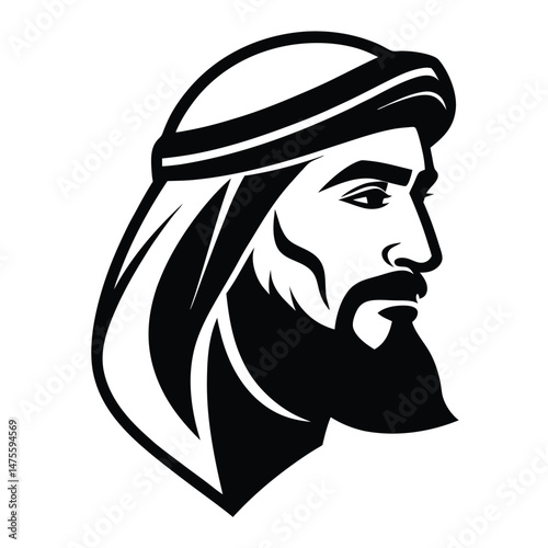 A stylized silhouette of a man with a beard and traditional headwear 