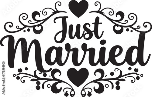 Vintage Just Married Calligraphy Design: Elegant Hand-Drawn Typography with Romantic Floral Accents, Perfect for Wedding Invitations, Marriage Celebrations, Greeting Cards, and Honeymoon Decorations, 