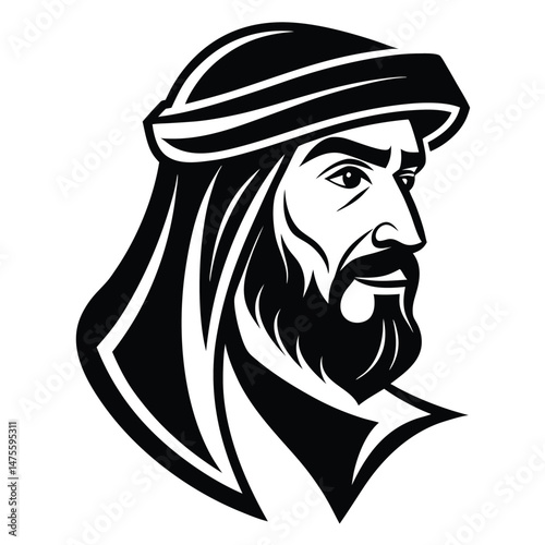 A stylized silhouette of a man with a beard and traditional headwear 