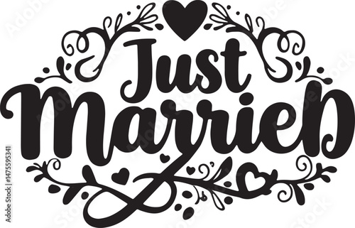 Vintage Just Married Calligraphy Design: Elegant Hand-Drawn Typography with Romantic Floral Accents, Perfect for Wedding Invitations, Marriage Celebrations, Greeting Cards, and Honeymoon Decorations, 
