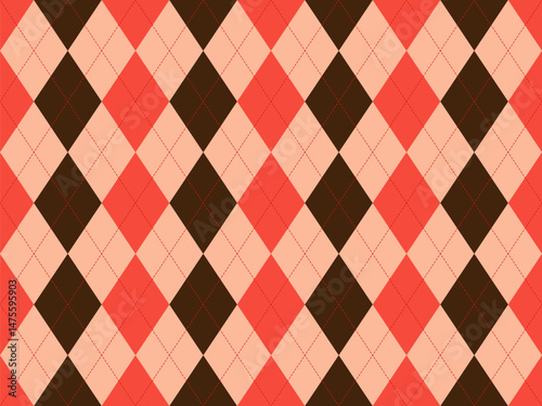 Stylish argyle pattern in vibrant coral, peach, and brown.  Perfect for fashion, website backgrounds, or textile design.  A timeless geometric design with a modern twist.