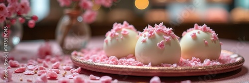 Elegant pink cherry blossom dessert display with petal garnish