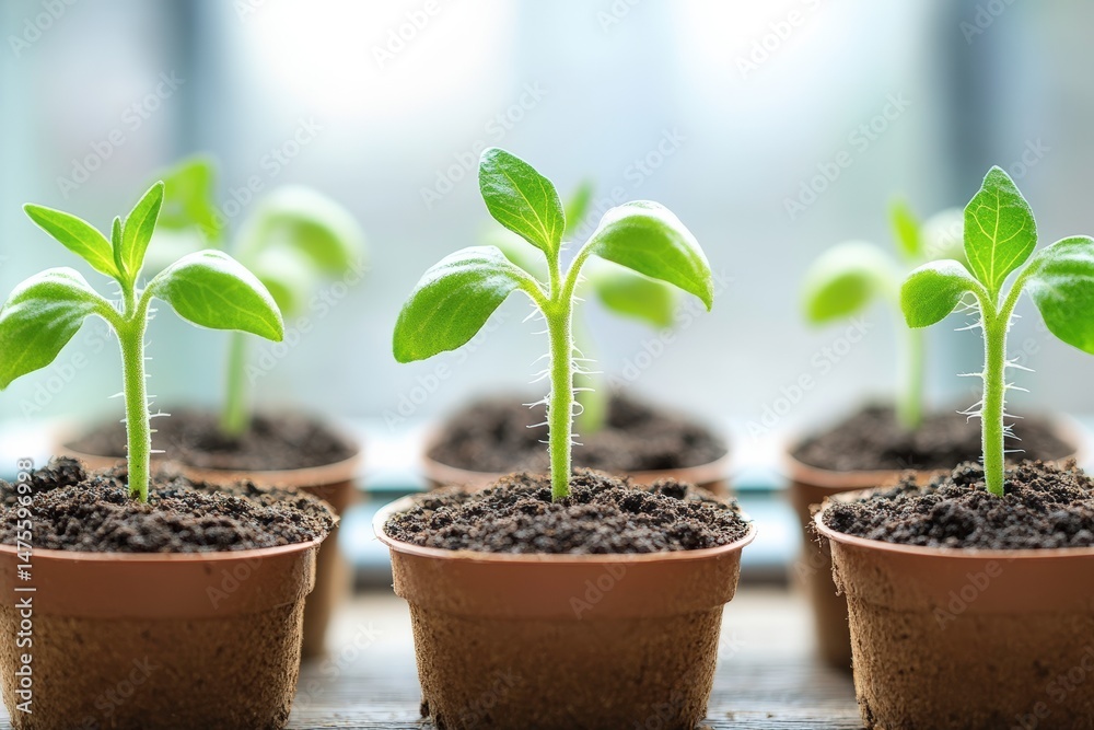 Fresh Green Seedlings Growing in Small Clay Pots on Bright Windowsill Surrounded by Soft Natural Light and Healthy Soil for Gardening Enthusiasts Fresh Green Seedlings Growing in Small Clay Pots on Bright Windowsill Surrounded by Soft Natural Light and Healthy Soil for Gardening Enthusiasts