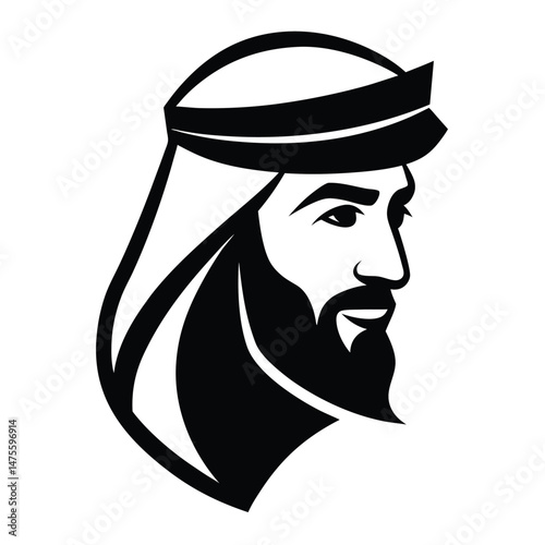 A stylized silhouette of a man with a beard and traditional headwear 