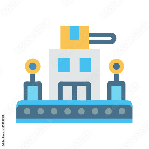 Automated production line icon with building and conveyor
