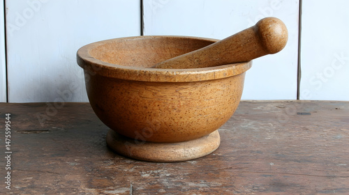 Wooden mortar and pestle on rustic table, white wall background, kitchen utensil photo